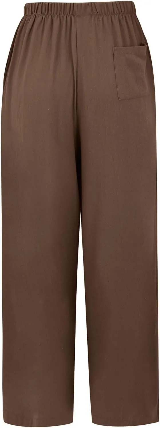 Wide Leg Linen Pants for Women Casual Drawstring High Waisted Palazzo Pants Lightweight Summer Flowy Beach Trousers