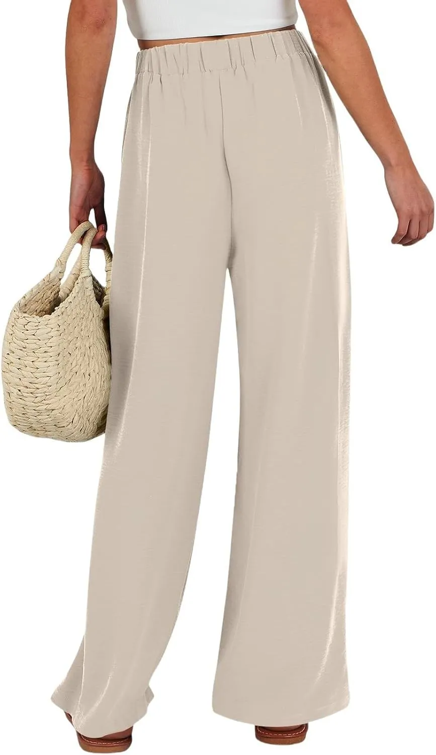 Wide Leg Linen Pants for Women Dressy High Waist Adjustable Knot Palazzo Lounge Trousers Business Work Casual Pants