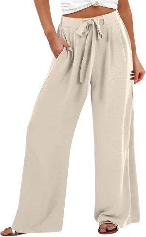Wide Leg Linen Pants for Women Dressy High Waist Adjustable Knot Palazzo Lounge Trousers Business Work Casual Pants