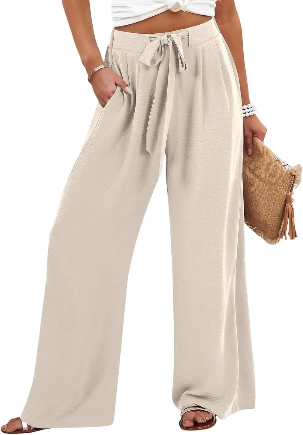 Wide Leg Linen Pants for Women Dressy High Waist Adjustable Knot Palazzo Lounge Trousers Business Work Casual Pants