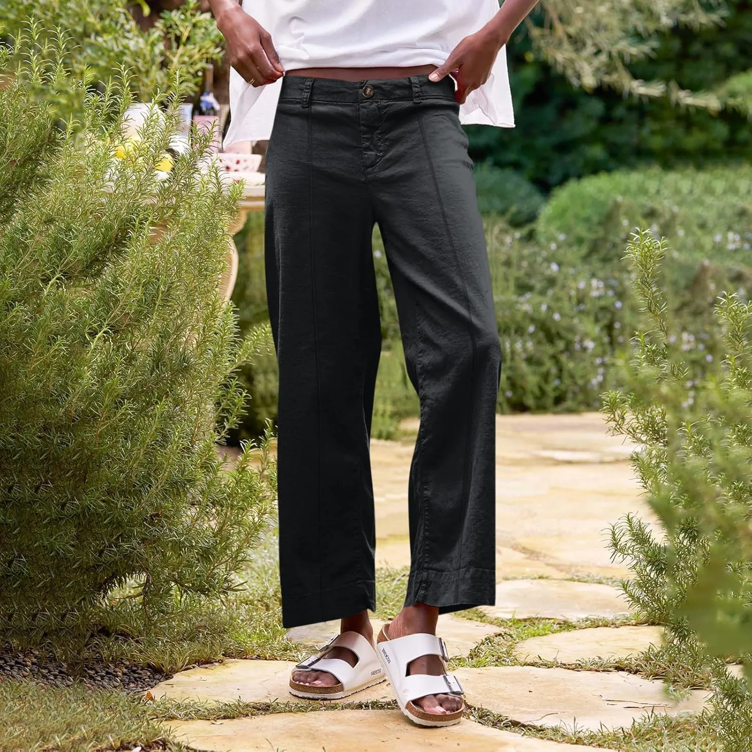 Wide Leg Linen Pants for Women Elastic High Waist Cropped Pants Lightweight Summer Business Casual Pants with Pockets