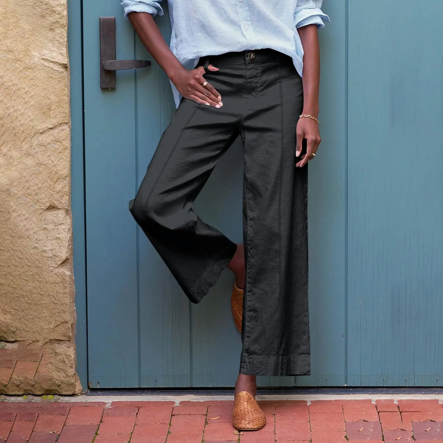 Wide Leg Linen Pants for Women Elastic High Waist Cropped Pants Lightweight Summer Business Casual Pants with Pockets