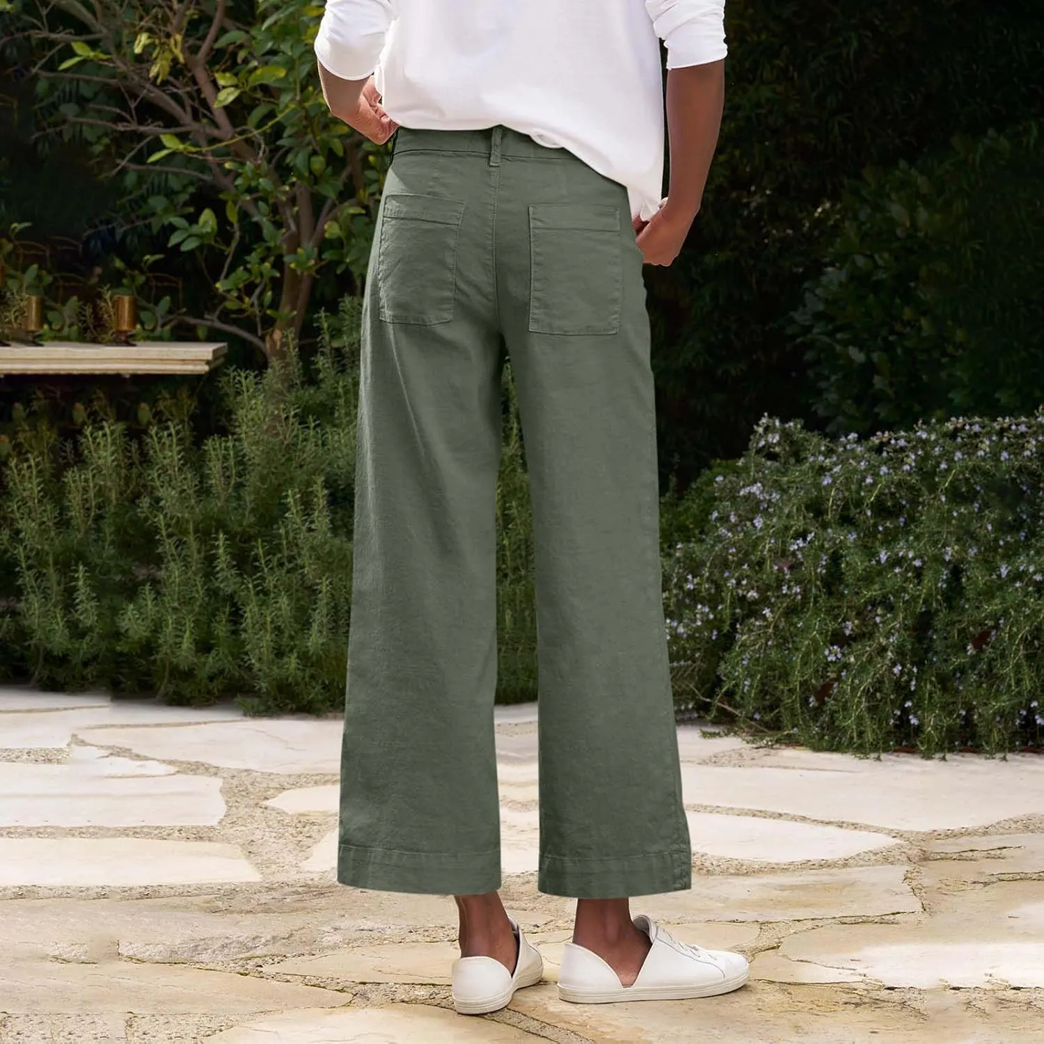 Wide Leg Linen Pants for Women Elastic High Waist Cropped Pants Lightweight Summer Business Casual Pants with Pockets