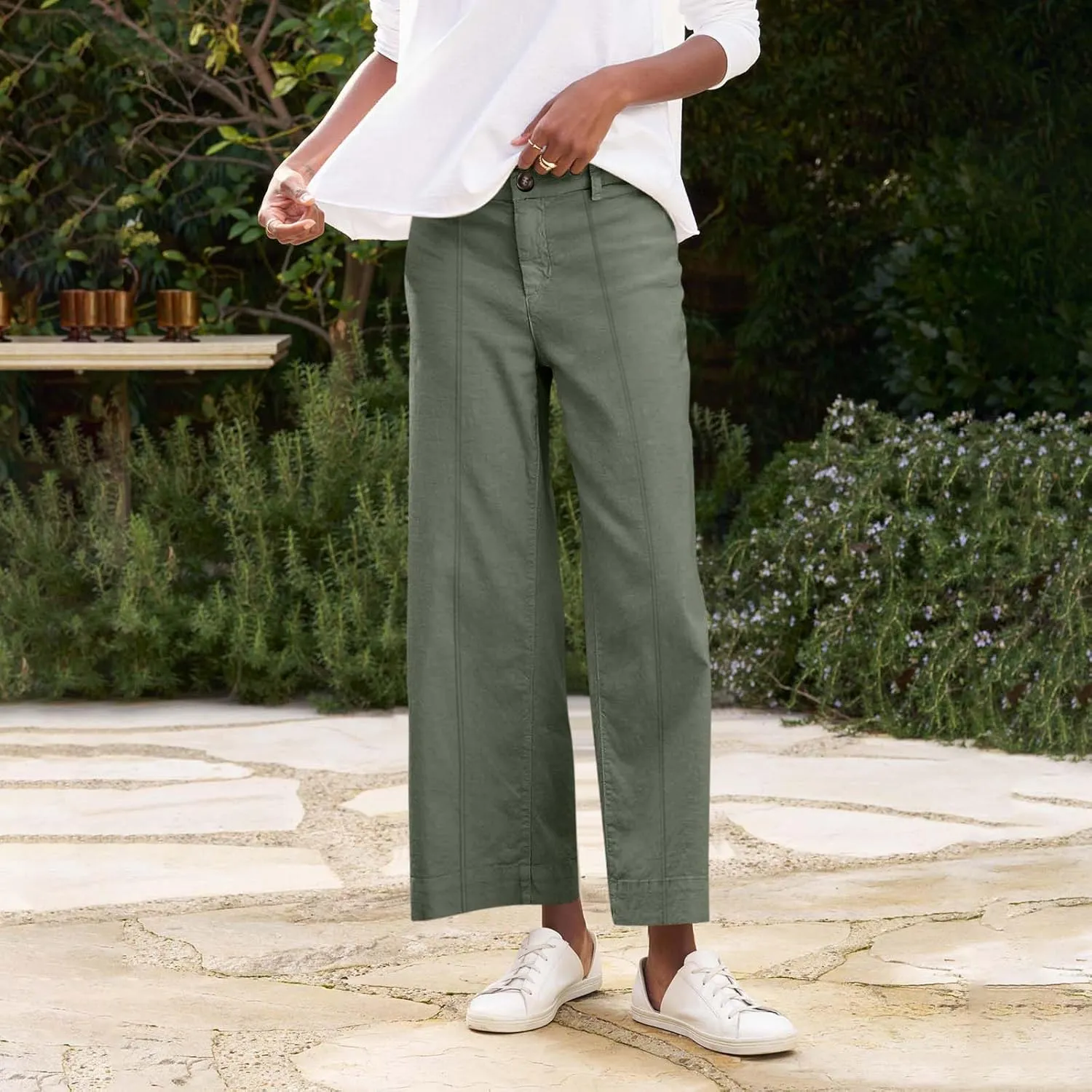 Wide Leg Linen Pants for Women Elastic High Waist Cropped Pants Lightweight Summer Business Casual Pants with Pockets