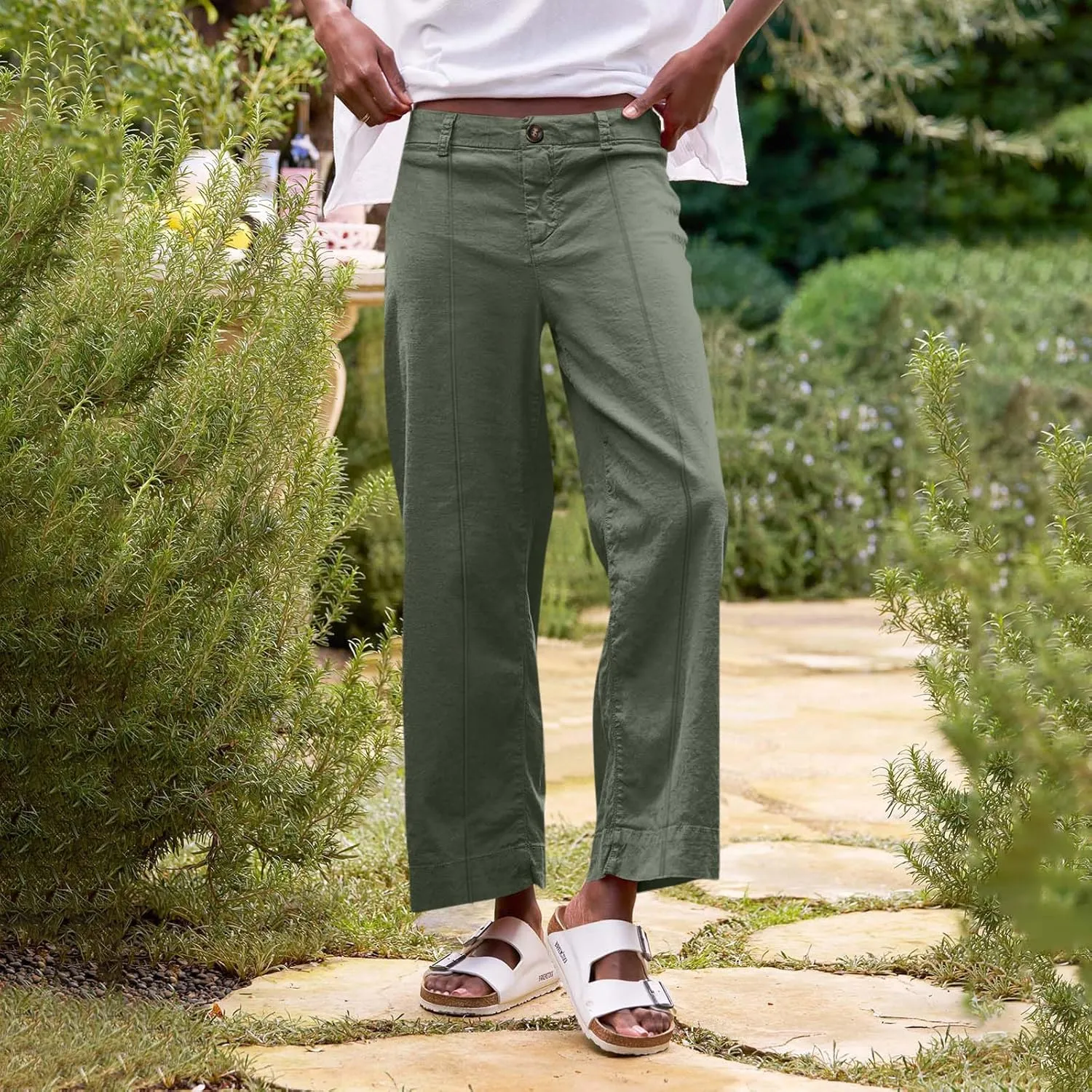 Wide Leg Linen Pants for Women Elastic High Waist Cropped Pants Lightweight Summer Business Casual Pants with Pockets