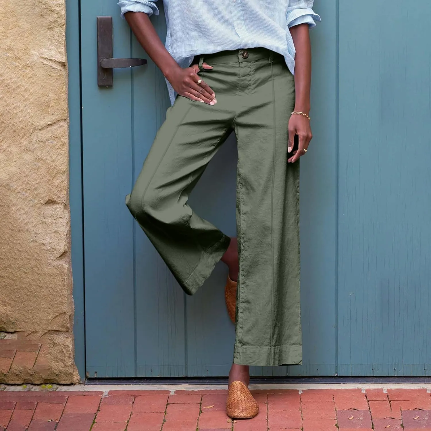 Wide Leg Linen Pants for Women Elastic High Waist Cropped Pants Lightweight Summer Business Casual Pants with Pockets