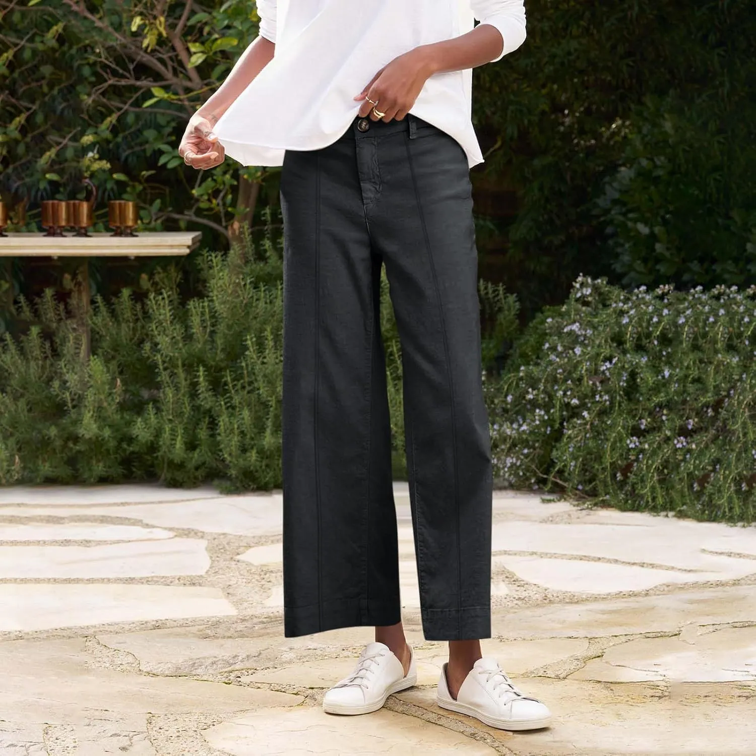 Wide Leg Linen Pants for Women Elastic High Waist Cropped Pants Lightweight Summer Business Casual Pants with Pockets