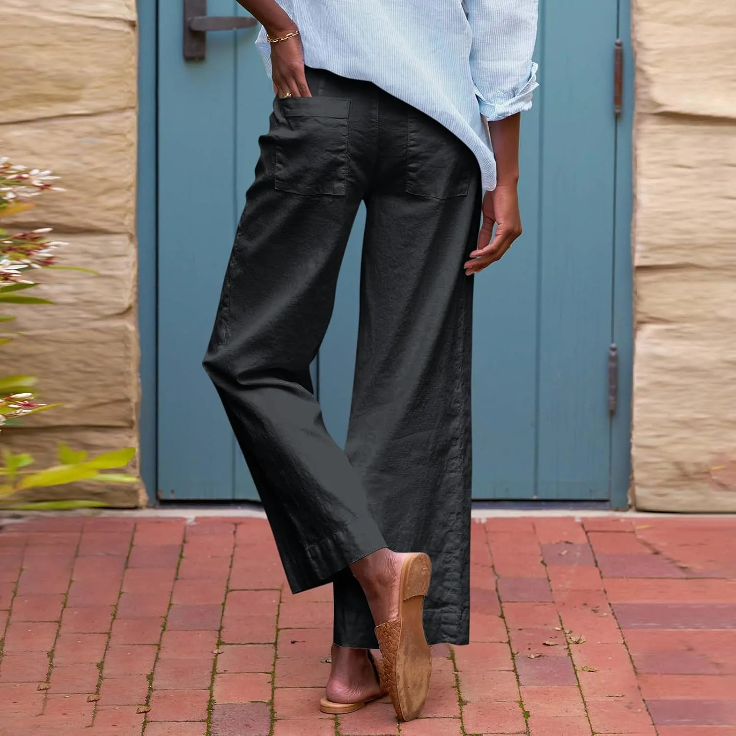 Wide Leg Linen Pants for Women Elastic High Waist Cropped Pants Lightweight Summer Business Casual Pants with Pockets