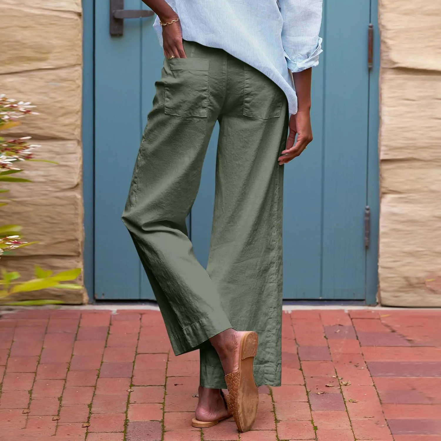 Wide Leg Linen Pants for Women Elastic High Waist Cropped Pants Lightweight Summer Business Casual Pants with Pockets