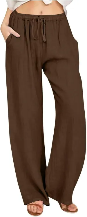 Wide Leg Linen Pants for Women Summer Boho Drawstring High Waist Casual Lounge Pant 2025 Beach Travel Vacation Outfits