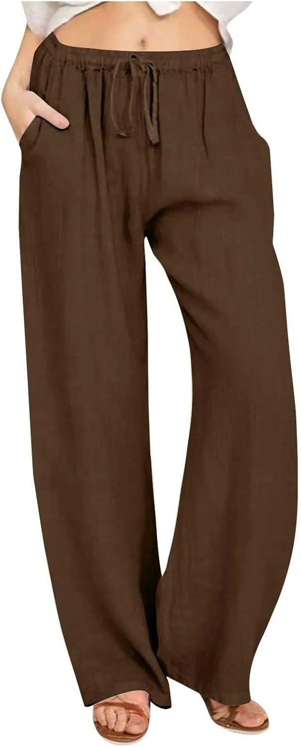 Wide Leg Linen Pants for Women Summer Boho Drawstring High Waist Casual Lounge Pant 2025 Beach Travel Vacation Outfits