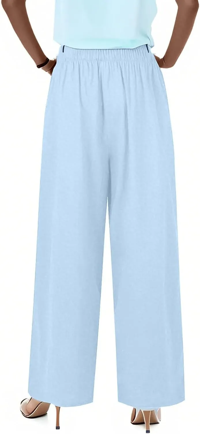 Wide Leg Linen Pants for Women Summer Flowy High Waisted Palazzo Pants Baggy Comfy Casual Beach Pant with Pockets