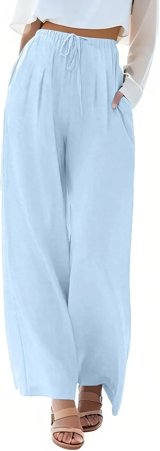 Wide Leg Linen Pants for Women Summer Flowy High Waisted Palazzo Pants Baggy Comfy Casual Beach Pant with Pockets