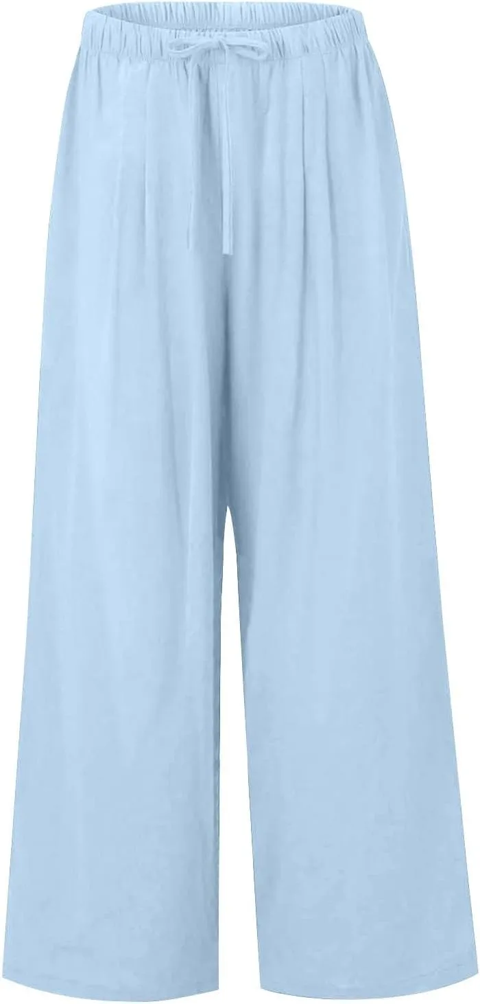 Wide Leg Linen Pants for Women Summer Flowy High Waisted Palazzo Pants Baggy Comfy Casual Beach Pant with Pockets