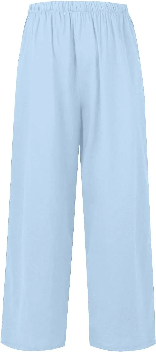 Wide Leg Linen Pants for Women Summer Flowy High Waisted Palazzo Pants Baggy Comfy Casual Beach Pant with Pockets
