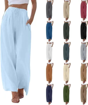 Wide Leg Linen Pants for Women Summer Flowy High Waisted Palazzo Pants Baggy Comfy Casual Beach Pant with Pockets