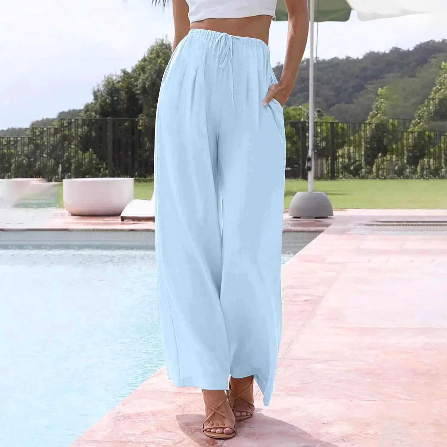 Wide Leg Linen Pants for Women Summer Flowy High Waisted Palazzo Pants Baggy Comfy Casual Beach Pant with Pockets