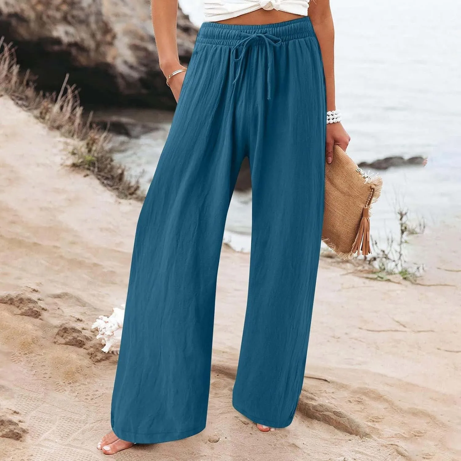 Wide Leg Linen Pants Women Plus Size High Waisted Palazzo Pant Casual Comfy Flowy Beach Summer Trousers with Pockets