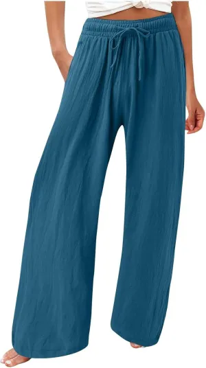 Wide Leg Linen Pants Women Plus Size High Waisted Palazzo Pant Casual Comfy Flowy Beach Summer Trousers with Pockets