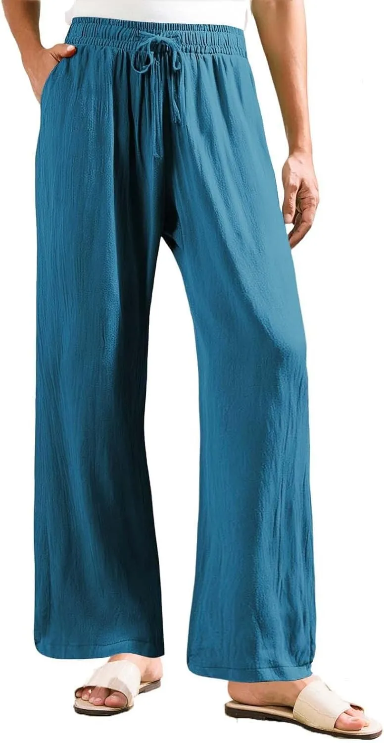 Wide Leg Linen Pants Women Plus Size High Waisted Palazzo Pant Casual Comfy Flowy Beach Summer Trousers with Pockets
