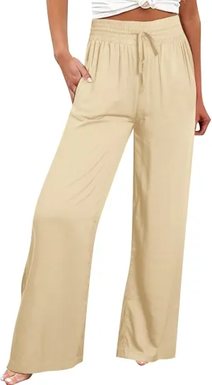 Wide Leg Lounge Pants for Women, Casual Boho Pants, High Waisted Palazzo Pants with Pockets for Work and Play