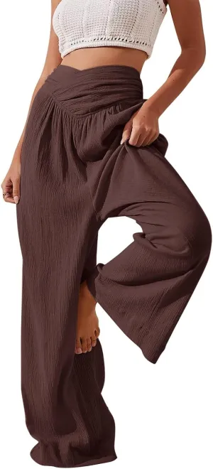 Wide Leg Palazzo Pants for Women Casual Beach Flowy Linen Pants Crossover High Waisted Long Lounge Pants with Pockets