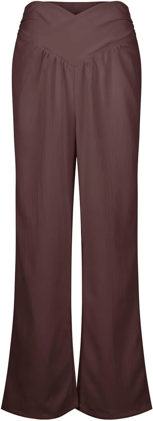 Wide Leg Palazzo Pants for Women Casual Beach Flowy Linen Pants Crossover High Waisted Long Lounge Pants with Pockets
