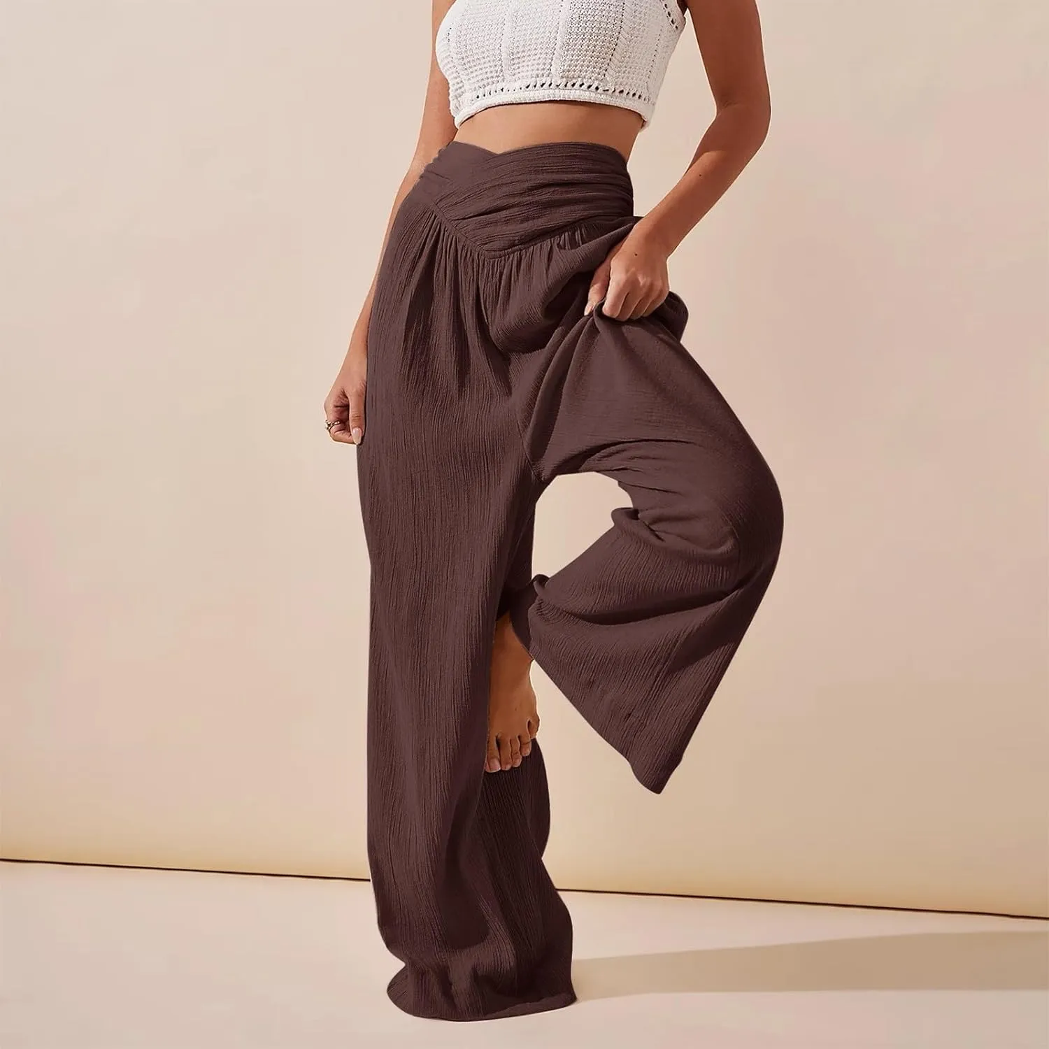 Wide Leg Palazzo Pants for Women Casual Beach Flowy Linen Pants Crossover High Waisted Long Lounge Pants with Pockets