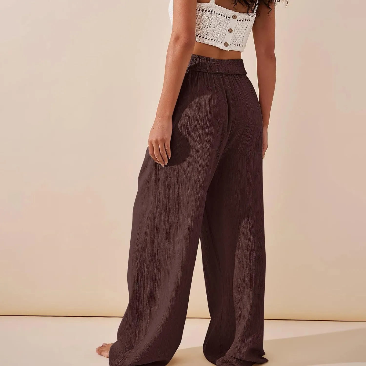 Wide Leg Palazzo Pants for Women Casual Beach Flowy Linen Pants Crossover High Waisted Long Lounge Pants with Pockets
