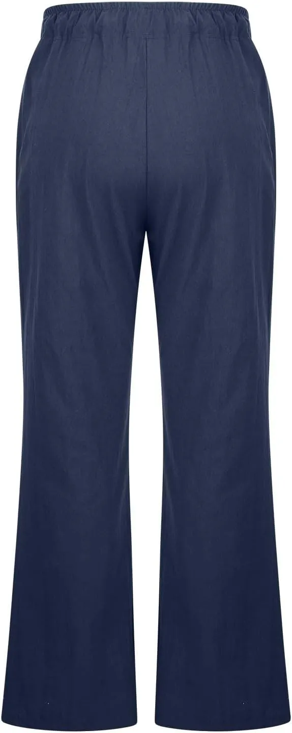 Wide Leg Palazzo Pants for Women Summer Basic Plain Linen Pants Beach Causal Drawstring Trousers with Pockets