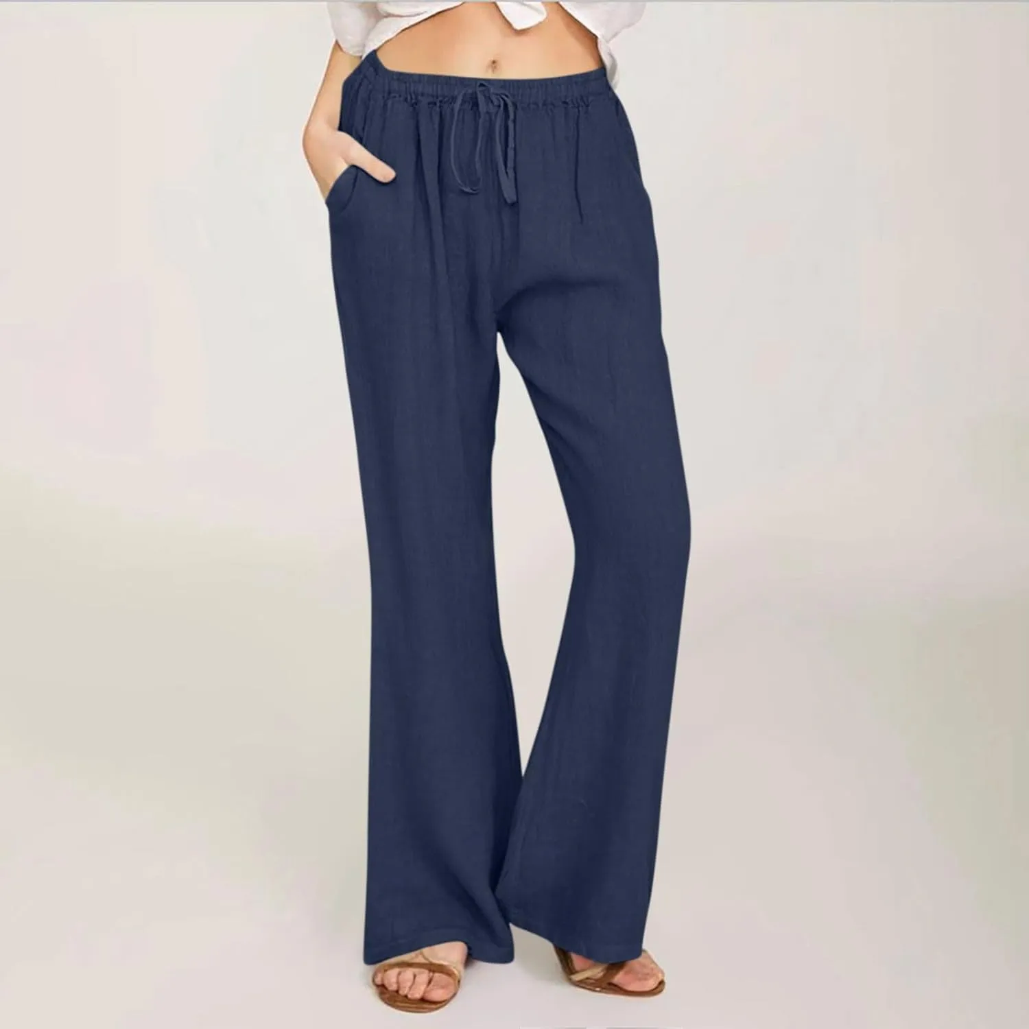 Wide Leg Palazzo Pants for Women Summer Basic Plain Linen Pants Beach Causal Drawstring Trousers with Pockets
