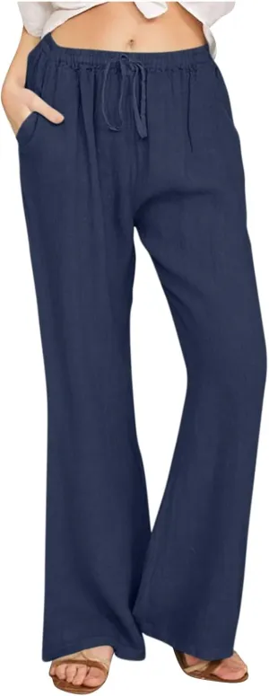 Wide Leg Palazzo Pants for Women Summer Basic Plain Linen Pants Beach Causal Drawstring Trousers with Pockets