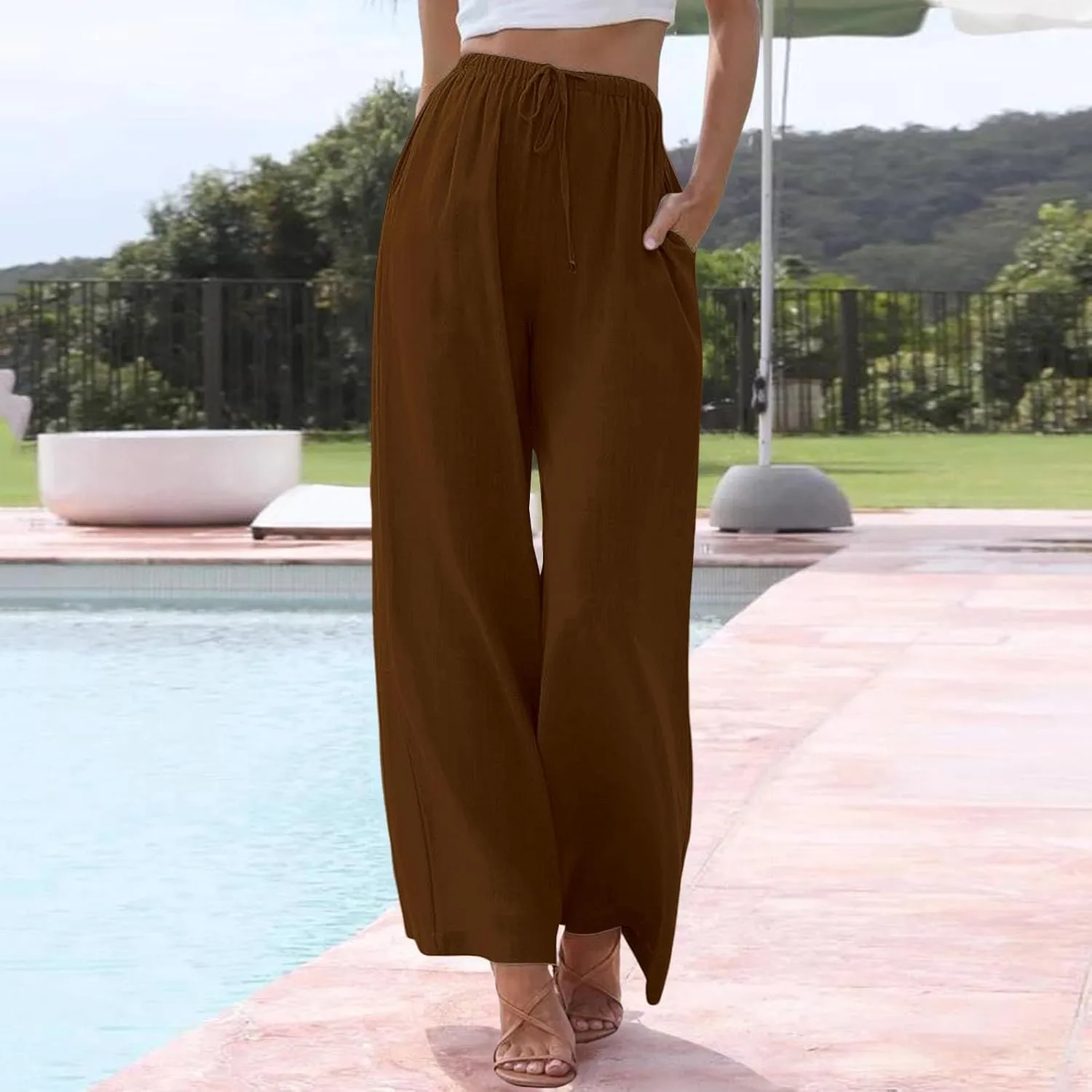 Wide Leg Pants for Women Dressy Casual Cotton Linen Summer Palazzo Pant Drawstring Flowy Beach Trousers with Pockets