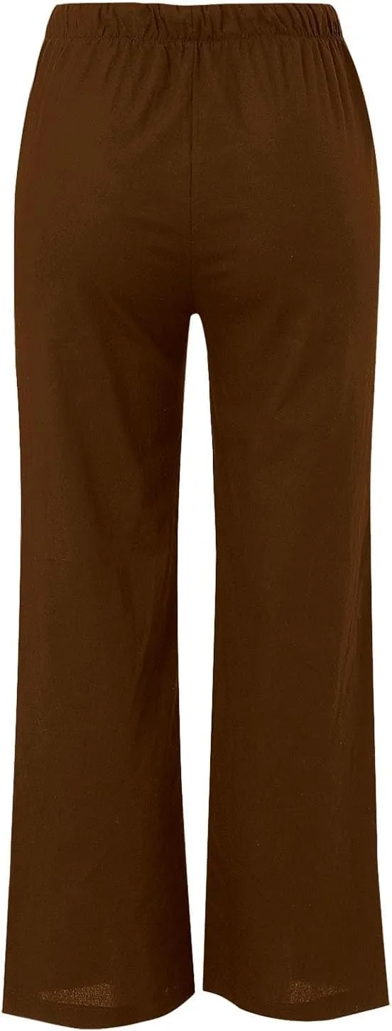 Wide Leg Pants for Women Dressy Casual Cotton Linen Summer Palazzo Pant Drawstring Flowy Beach Trousers with Pockets