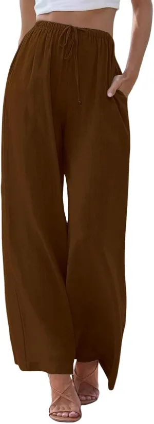 Wide Leg Pants for Women Dressy Casual Cotton Linen Summer Palazzo Pant Drawstring Flowy Beach Trousers with Pockets
