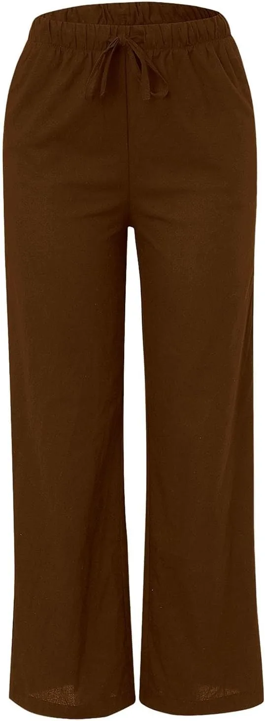 Wide Leg Pants for Women Dressy Casual Cotton Linen Summer Palazzo Pant Drawstring Flowy Beach Trousers with Pockets