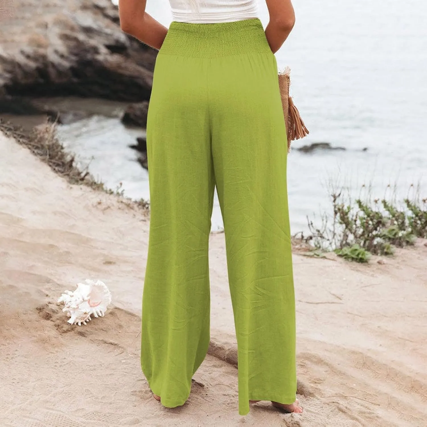 Wide Leg Pants for Women High Smocked Waist Comfy Loose Fit Flowy Summer Beach Lightweight Palazzo Trousers with Pockets