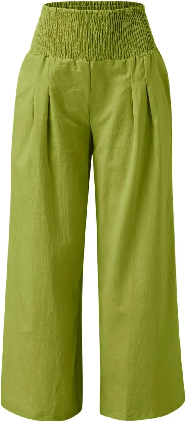 Wide Leg Pants for Women High Smocked Waist Comfy Loose Fit Flowy Summer Beach Lightweight Palazzo Trousers with Pockets