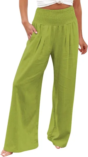 Wide Leg Pants for Women High Smocked Waist Comfy Loose Fit Flowy Summer Beach Lightweight Palazzo Trousers with Pockets