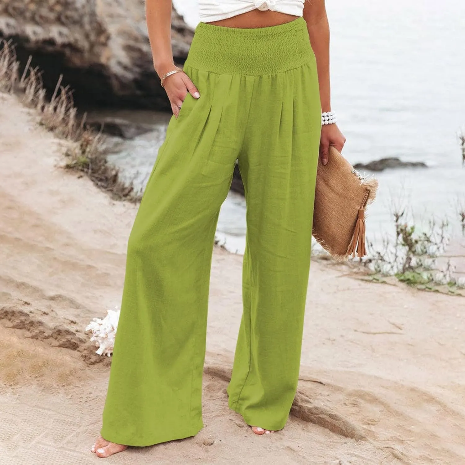Wide Leg Pants for Women High Smocked Waist Comfy Loose Fit Flowy Summer Beach Lightweight Palazzo Trousers with Pockets