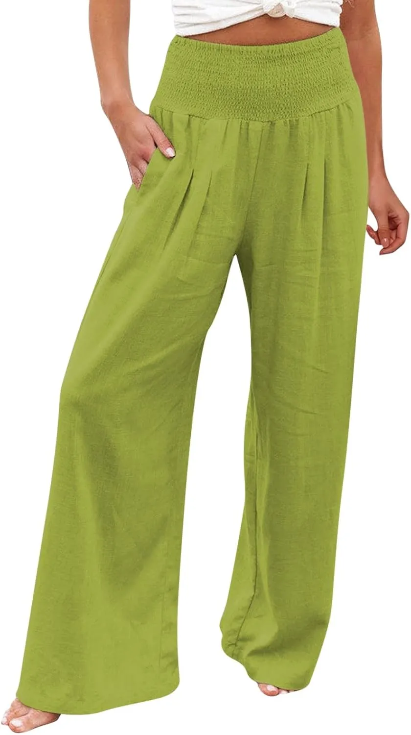 Wide Leg Pants for Women High Smocked Waist Comfy Loose Fit Flowy Summer Beach Lightweight Palazzo Trousers with Pockets