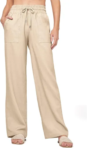 Wide Legged Linen Pants for Women Summer Drawstring Smocked Waist Palazzo Trousers Lounge Beach Straight Pant Pockets