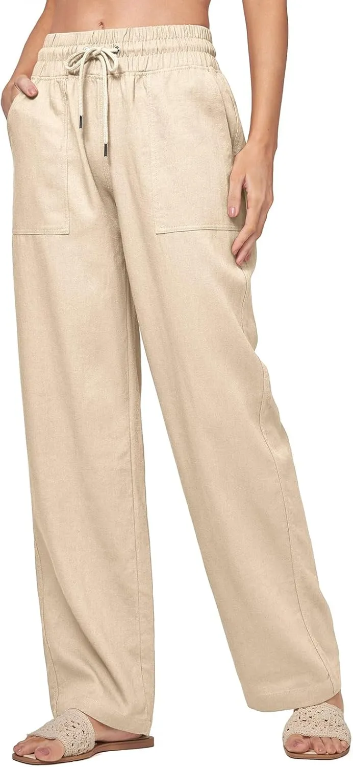 Wide Legged Linen Pants for Women Summer Drawstring Smocked Waist Palazzo Trousers Lounge Beach Straight Pant Pockets