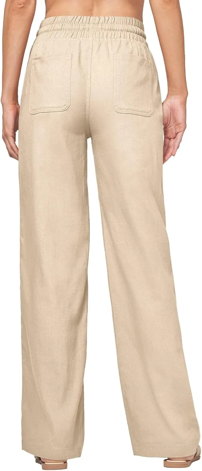 Wide Legged Linen Pants for Women Summer Drawstring Smocked Waist Palazzo Trousers Lounge Beach Straight Pant Pockets