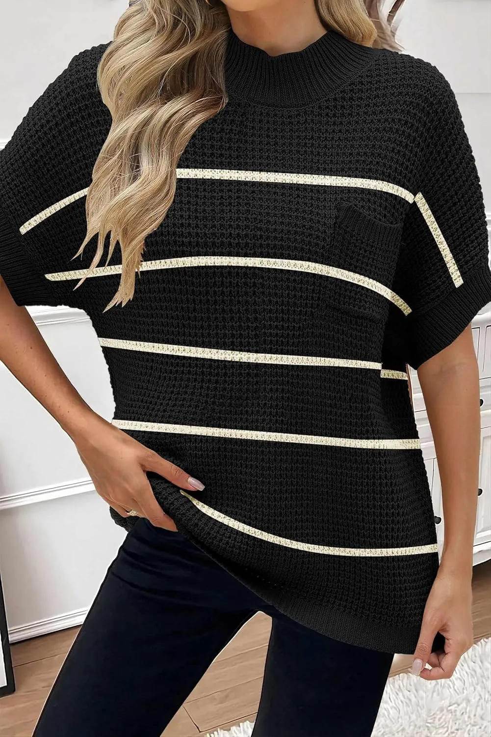 Women 2024 Sweater Vest Mock Neck Batwing Short Sleeve Oversized Ribbed Knit Tops Fall Pullover Sweater S-XXL