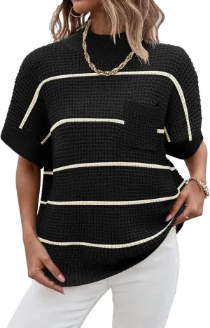 Women 2024 Sweater Vest Mock Neck Batwing Short Sleeve Oversized Ribbed Knit Tops Fall Pullover Sweater S-XXL