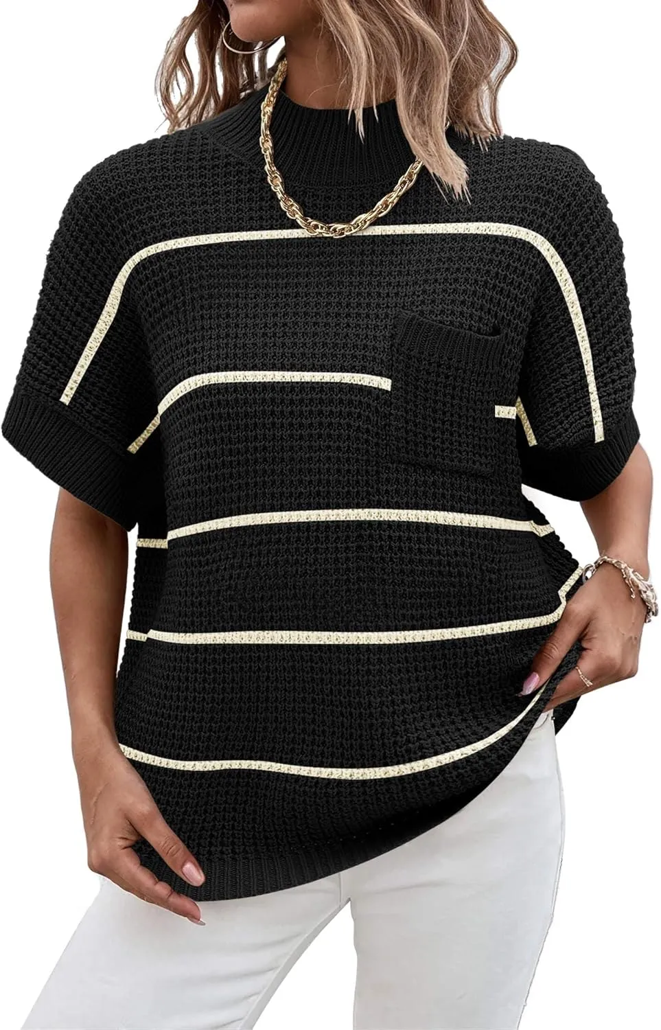 Women 2024 Sweater Vest Mock Neck Batwing Short Sleeve Oversized Ribbed Knit Tops Fall Pullover Sweater S-XXL