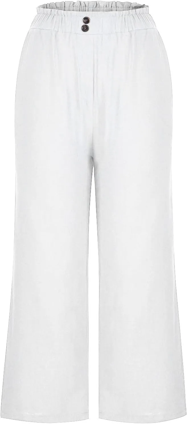 Women Capri Pants for Summer High Waisted Wide Leg Lounge Pants Drawstring Ruffled Causal Palazzo Trouser with Pocket