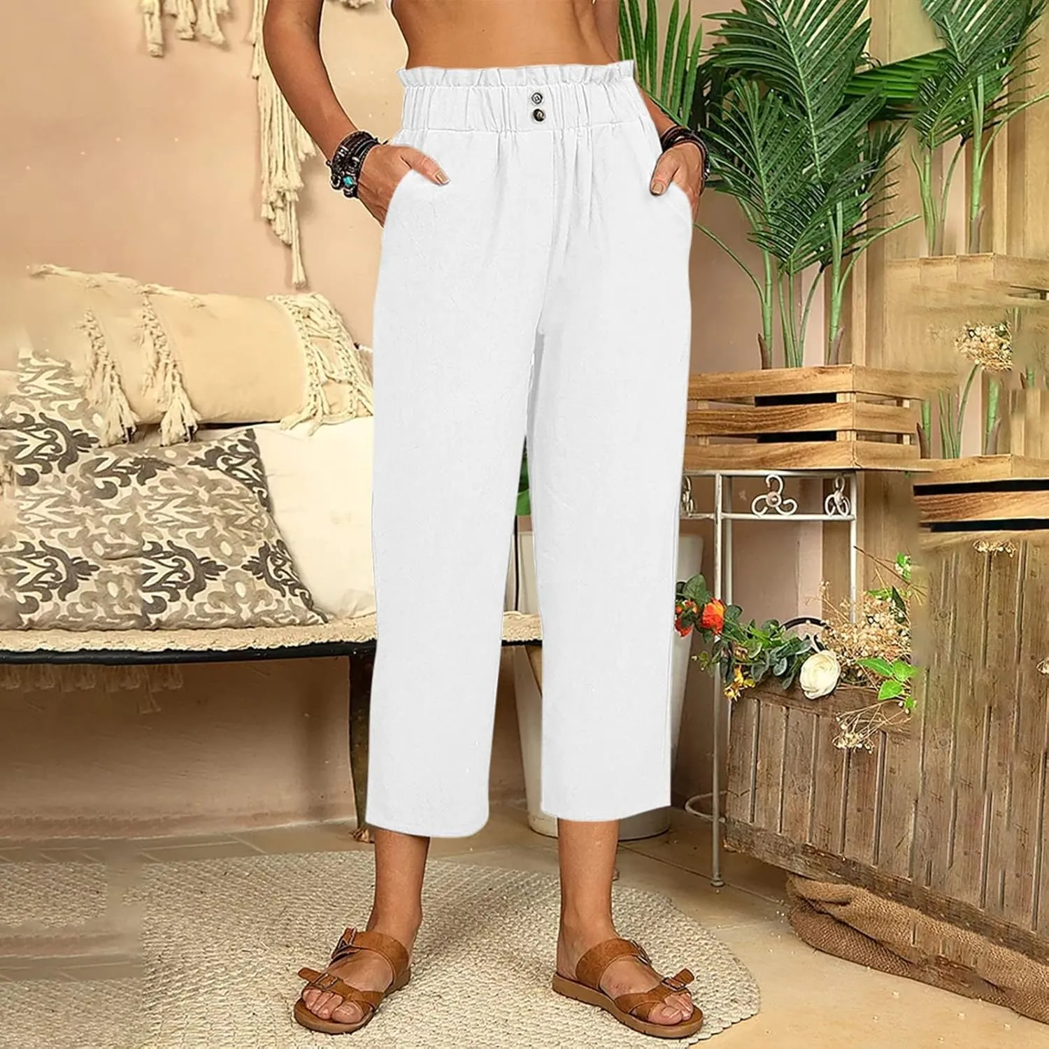 Women Capri Pants for Summer High Waisted Wide Leg Lounge Pants Drawstring Ruffled Causal Palazzo Trouser with Pocket