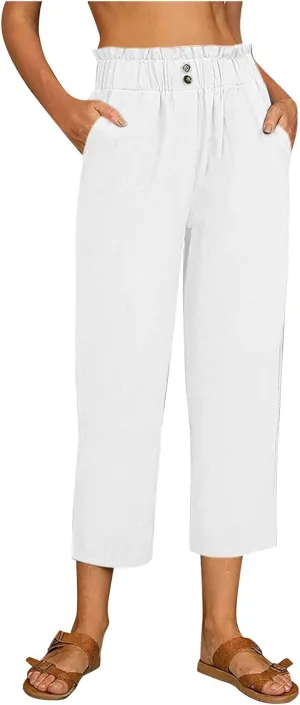 Women Capri Pants for Summer High Waisted Wide Leg Lounge Pants Drawstring Ruffled Causal Palazzo Trouser with Pocket